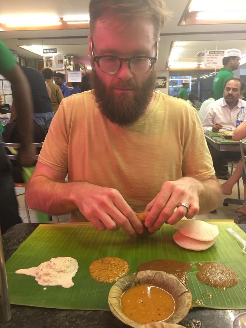 Me eating vada at Murugan Idly Shop, Chennai. Tamil Nadu, India