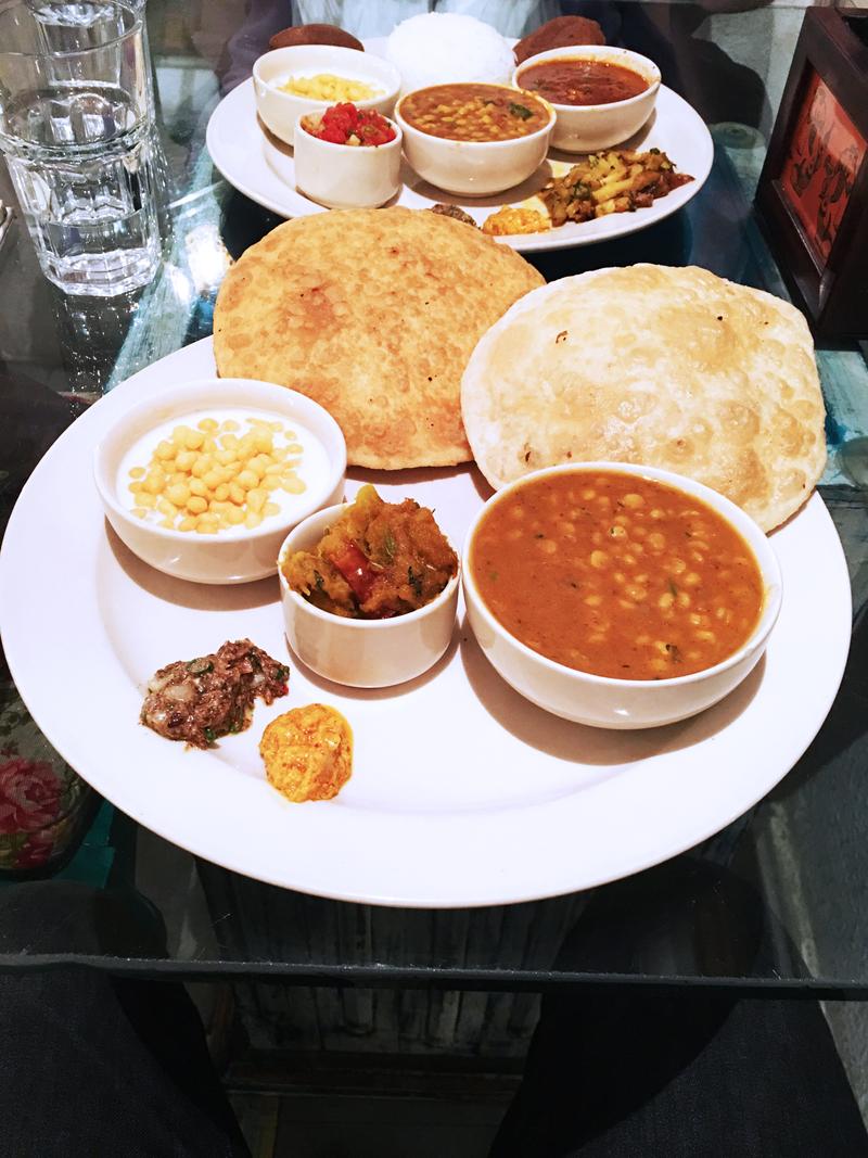 Tarkari Thali: Vegetarian platter of channa dal, a pumpkin based Bihari preparation served with stuffed dal kachoris, ol pickle n aloo pudina raita. Potbelly Rooftop Restaurant, New Delhi, Delhi, India