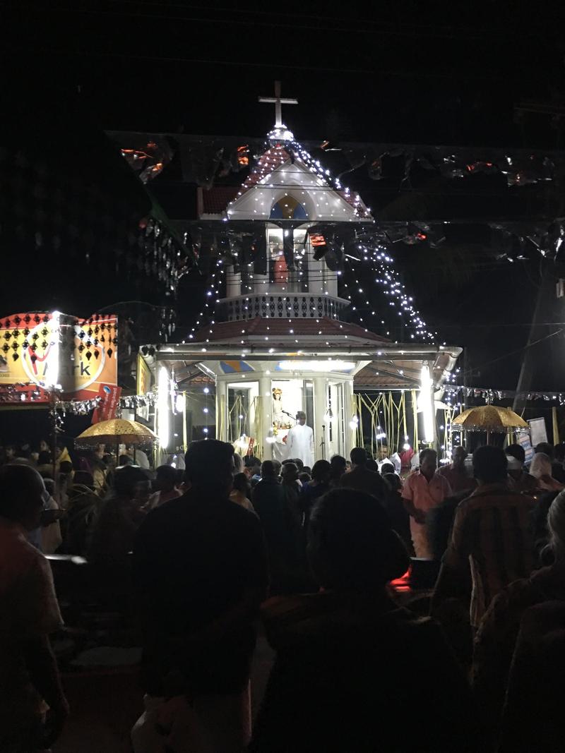 Temple all lit up for a religious ceremony in Kurumassery, Ernakulam, Kerala, India