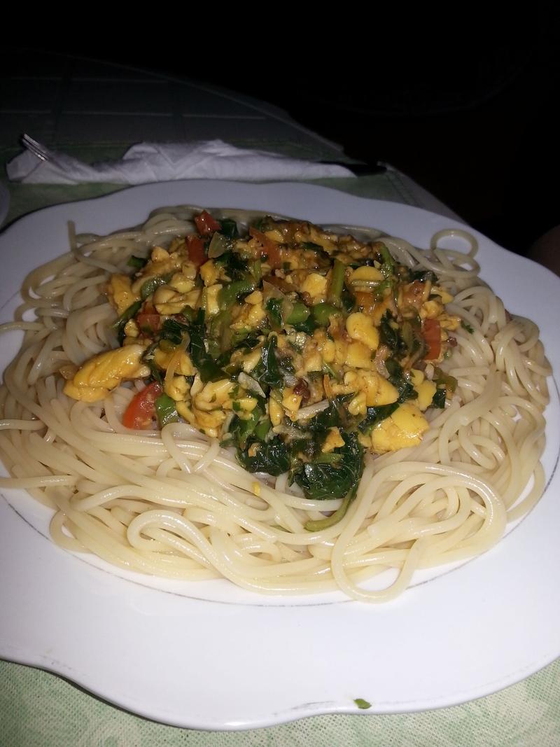 My girlfriend chose a garlicy pasta dish, aptly called 'Rasta Pasta'. Pablo Restaurant Negril, Jamaica