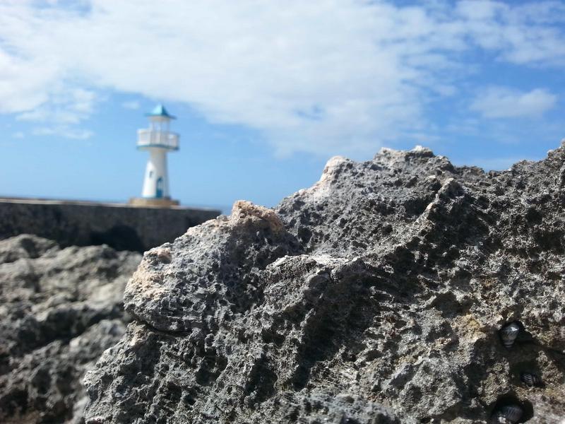 Coral in the foreground and a non-working lighthouse in the background. Negril Escape, Negril, Jamaica