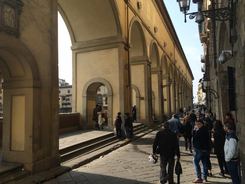 Street views, Vasari Corridor, Florence, Italy. They were filming some movie scene here - the couple on the left, walking under the corridor were being tracked. Neat.