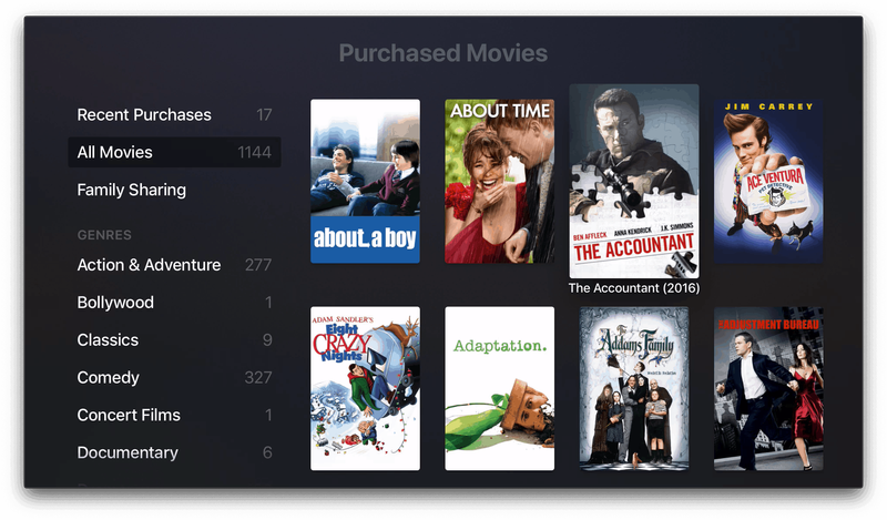 Purchased screen, All Movies (alphabetical)