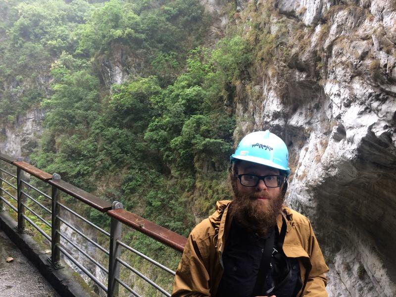 Exploring certain areas of Taroko Gorge requires one to wear a super fashionable hard hat to protect the brain. Taroko Gorge, Hualien, Taiwan