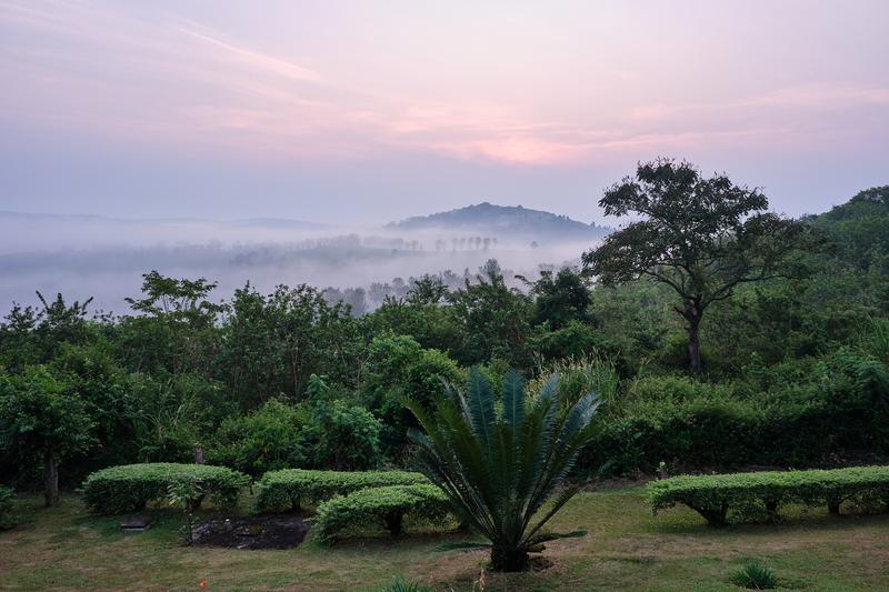 Landscape view from our grass-topped hut at Chimpanzee Lodge, Uganda